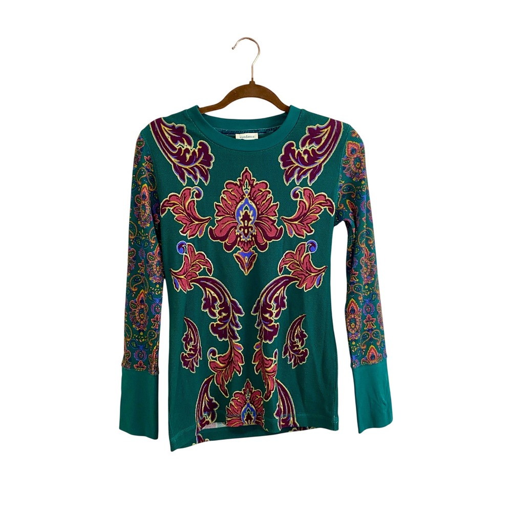Sundance Thermal Top Womens Small Teal Paisley Damask Velvet Trim Waffle Knit EX